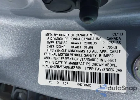 2013 Honda Civic Lx из США, поврежденный, VIN 2HGFB2F54DH583758